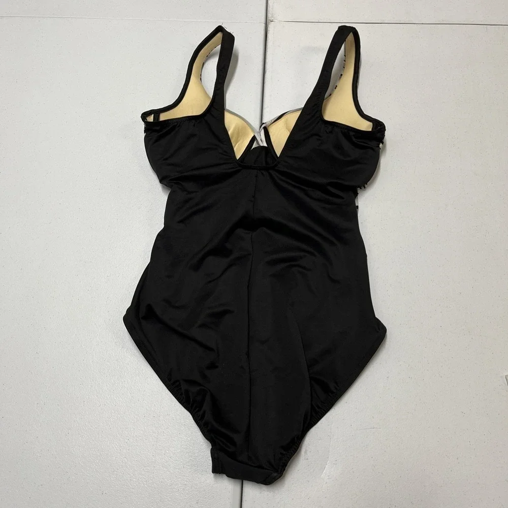 Miraclesuit Swimsuit Black Metallic Striped Crossover Bodice Size 14 Slimming